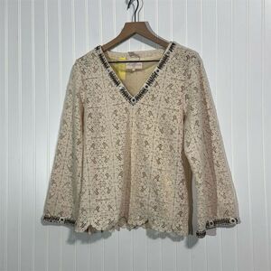 Miss June Paris Crochet Lace Top Beaded NWT S/M Cream‎ Boho Festival Embellished